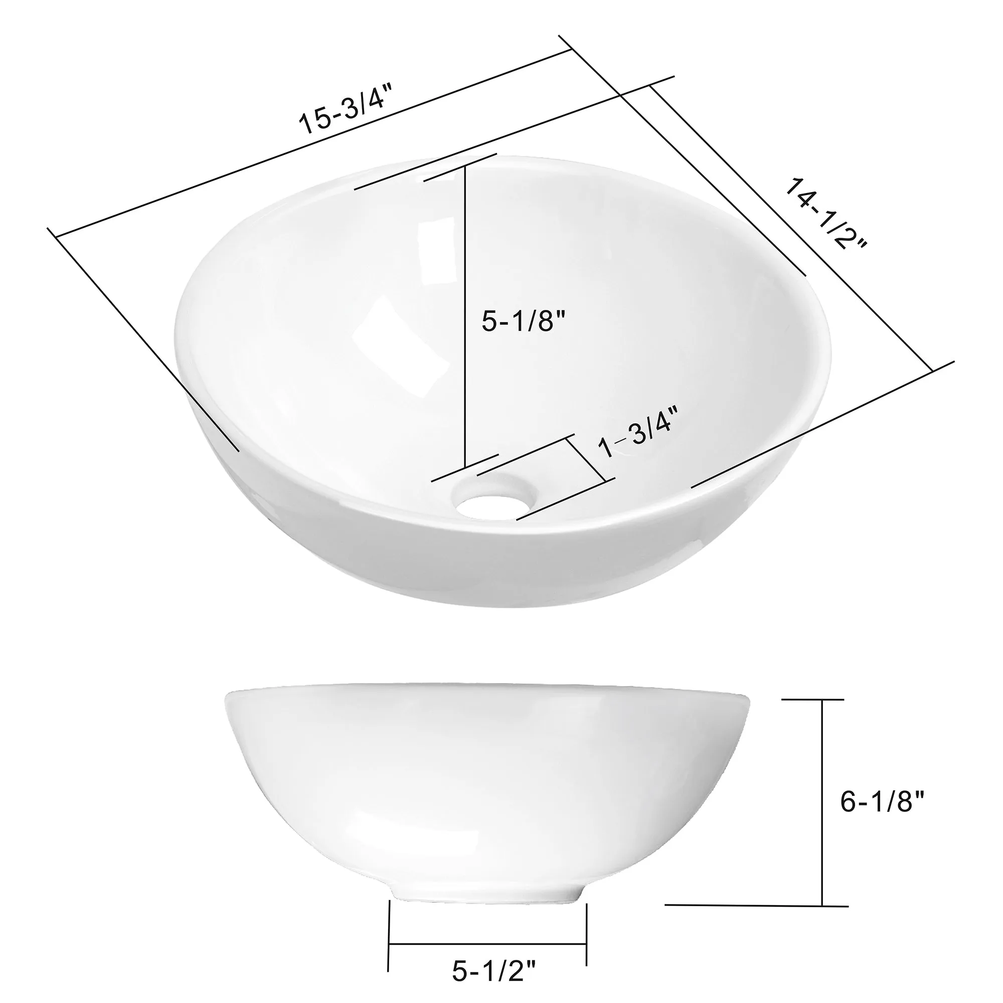 16" Round White Ceramic Vessel Sink - Modern Above Counter - Miligore