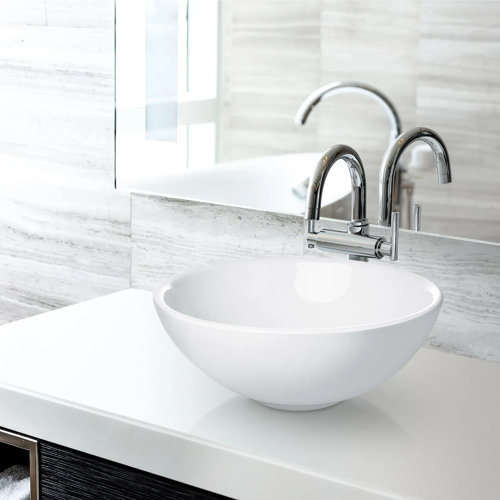 16" Round White Ceramic Vessel Sink - Modern Above Counter - Miligore