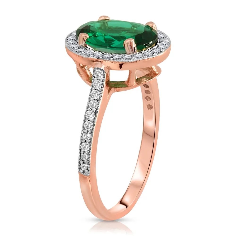2.15 Carat Total Weight 14K Solid Rose Gold Emerald and Natural Diamonds Halo Ring Brilliant Oval Shape Cut and Round Diamonds Anniversary Engagement Promise Ring