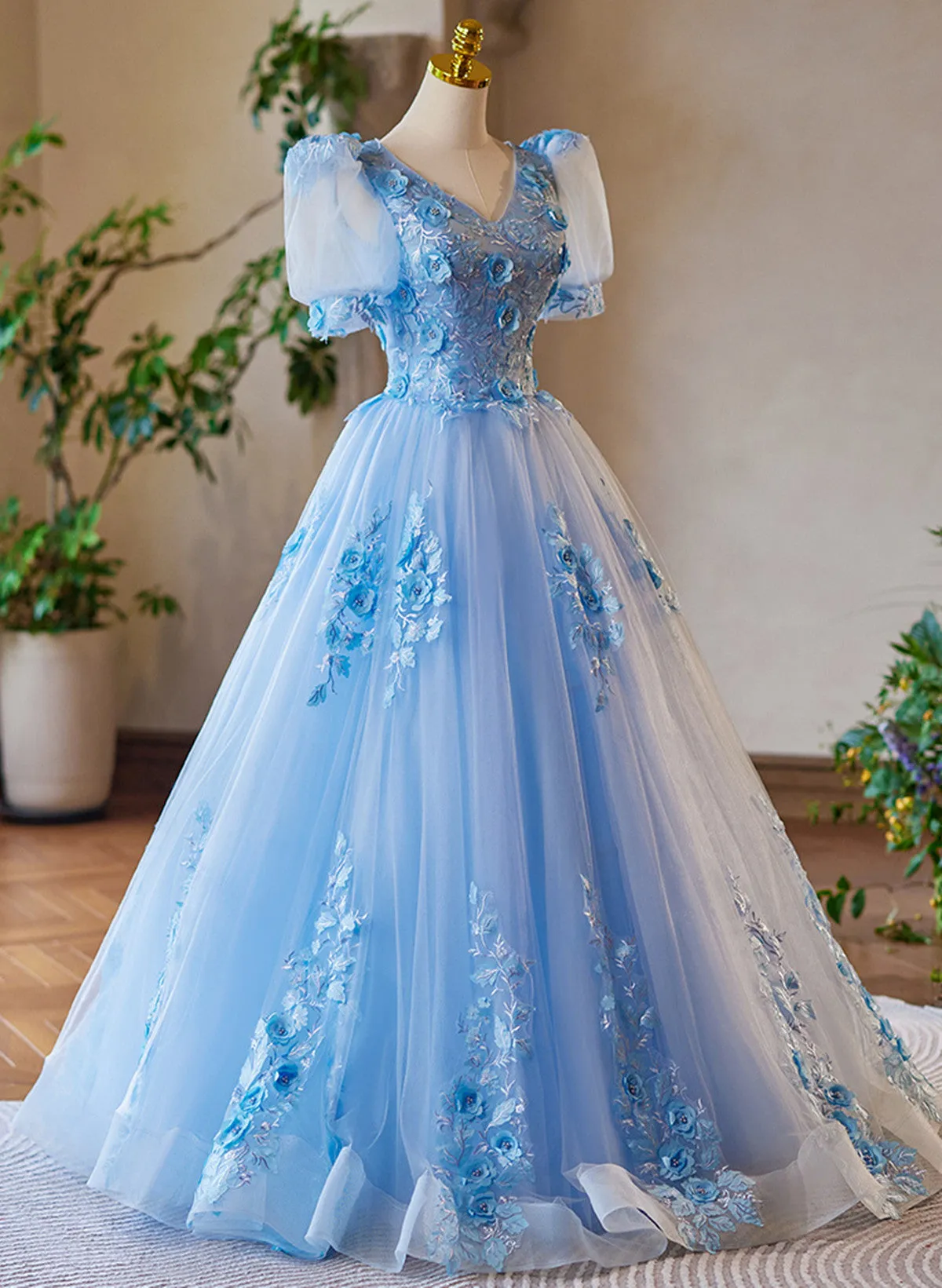 A-line Light Blue Tulle with Lace Short Sleeves Prom Dress, Tulle Evening Dress