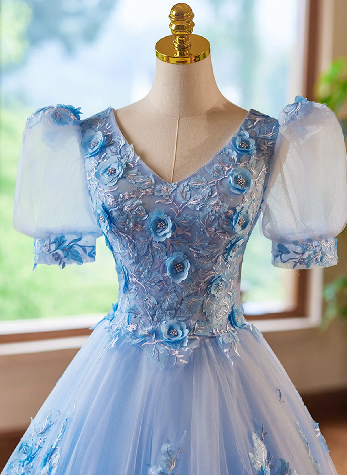 A-line Light Blue Tulle with Lace Short Sleeves Prom Dress, Tulle Evening Dress