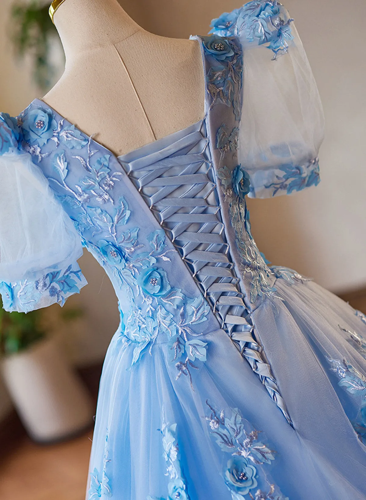 A-line Light Blue Tulle with Lace Short Sleeves Prom Dress, Tulle Evening Dress