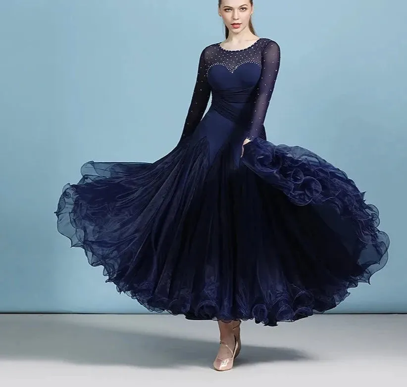 Adult Modern Dance Performance Costume Long Sleeve Spandex National Standard Waltz Dress