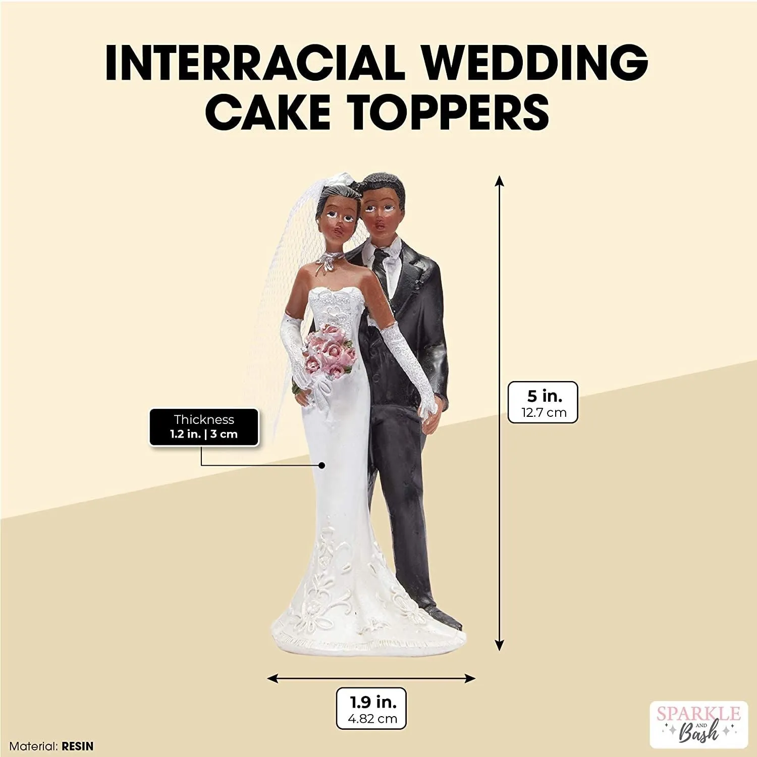 African American Wedding Cake Toppers Bride and Groom Figurine for Party Supplies, 5 x 1.9 in.
