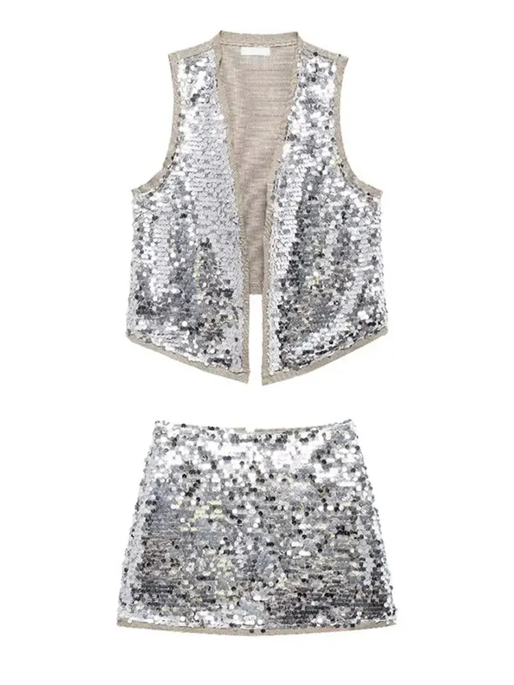 Back To School Joskaa Fashion Glitter Sequins Waistcoat Mini Skirt Suit Women Patchwork Sleeveless Loose Vest Sets 2024 Summer Lady Chic Party Outfit