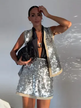Back To School Joskaa Fashion Glitter Sequins Waistcoat Mini Skirt Suit Women Patchwork Sleeveless Loose Vest Sets 2024 Summer Lady Chic Party Outfit