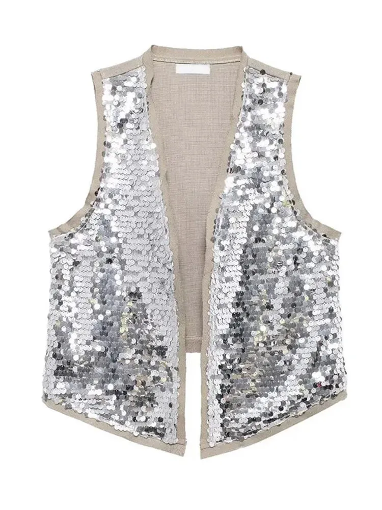 Back To School Joskaa Fashion Glitter Sequins Waistcoat Mini Skirt Suit Women Patchwork Sleeveless Loose Vest Sets 2024 Summer Lady Chic Party Outfit