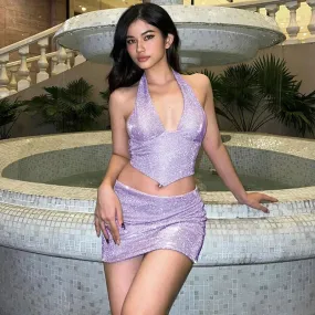 Back To School Joskaa Women's Summer 2PCS Shiny Sequined Outfit Sets Sleeveless Hanging Neck Backless Crop Tops   Purple Mini Glitter Skirt