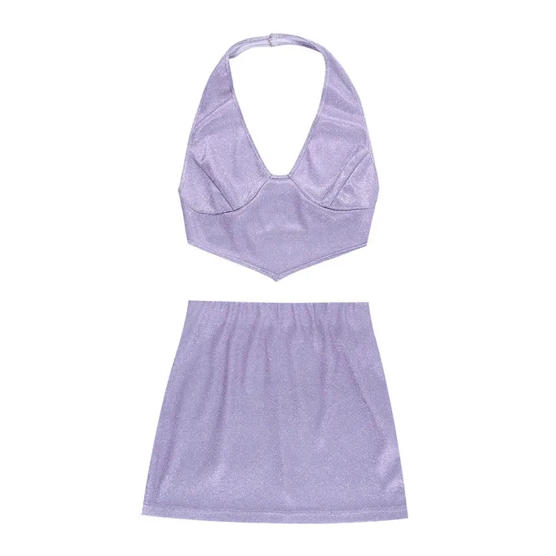 Back To School Joskaa Women's Summer 2PCS Shiny Sequined Outfit Sets Sleeveless Hanging Neck Backless Crop Tops   Purple Mini Glitter Skirt