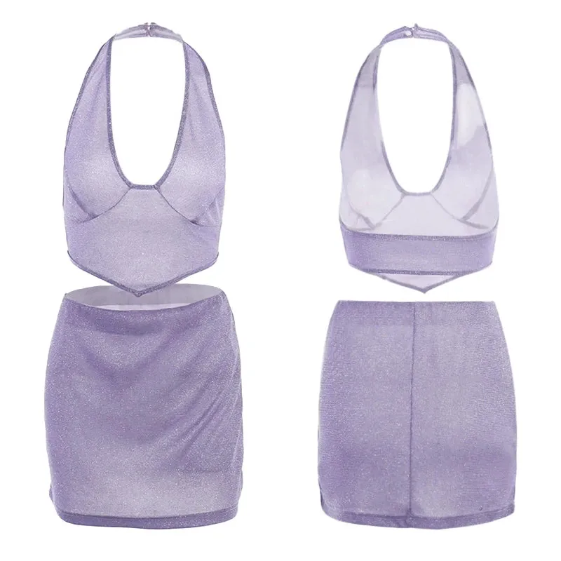 Back To School Joskaa Women's Summer 2PCS Shiny Sequined Outfit Sets Sleeveless Hanging Neck Backless Crop Tops   Purple Mini Glitter Skirt