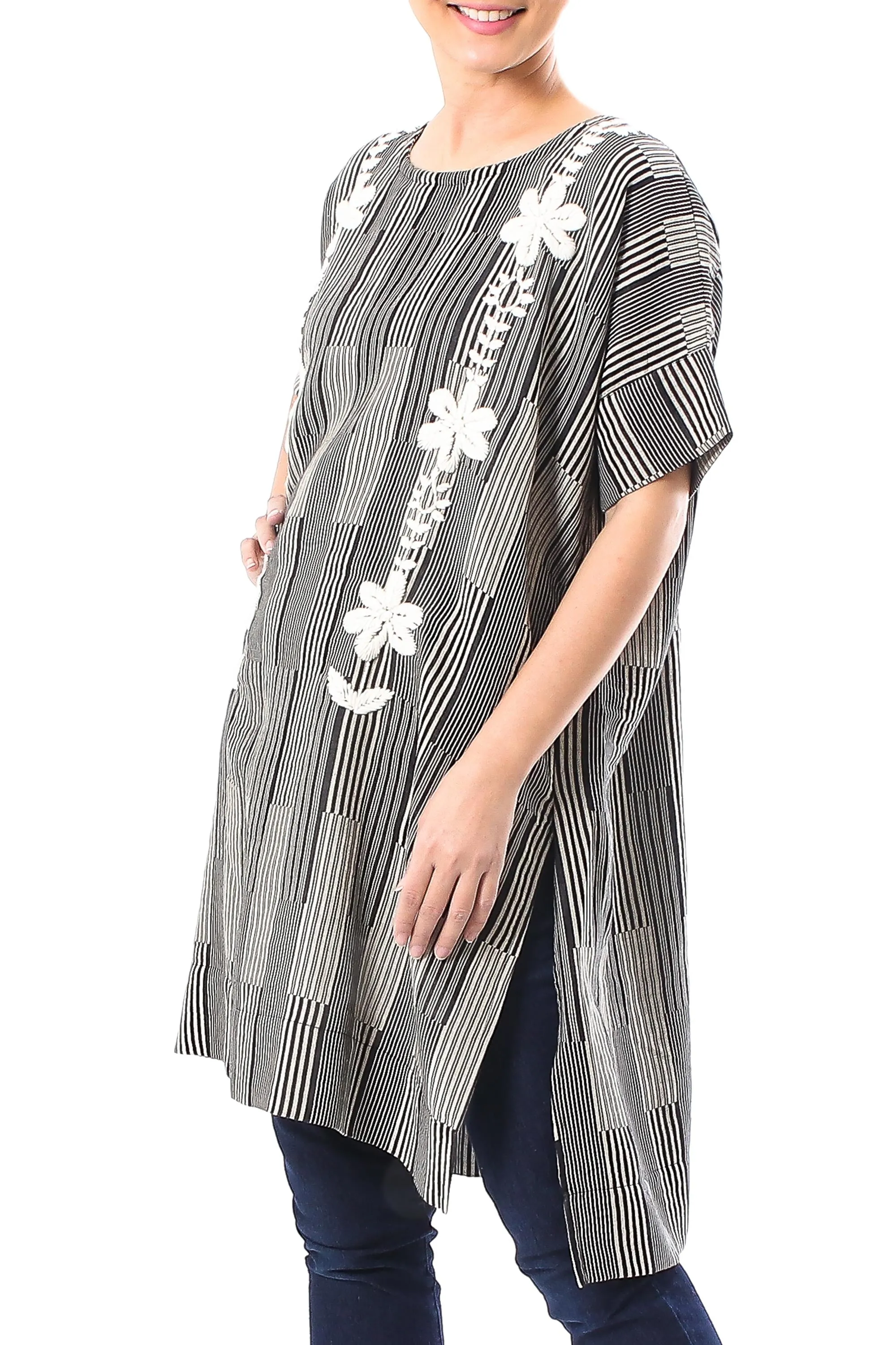 Black and Alabaster Floral Cotton Long Length Tunic - Floral Lattice | NOVICA