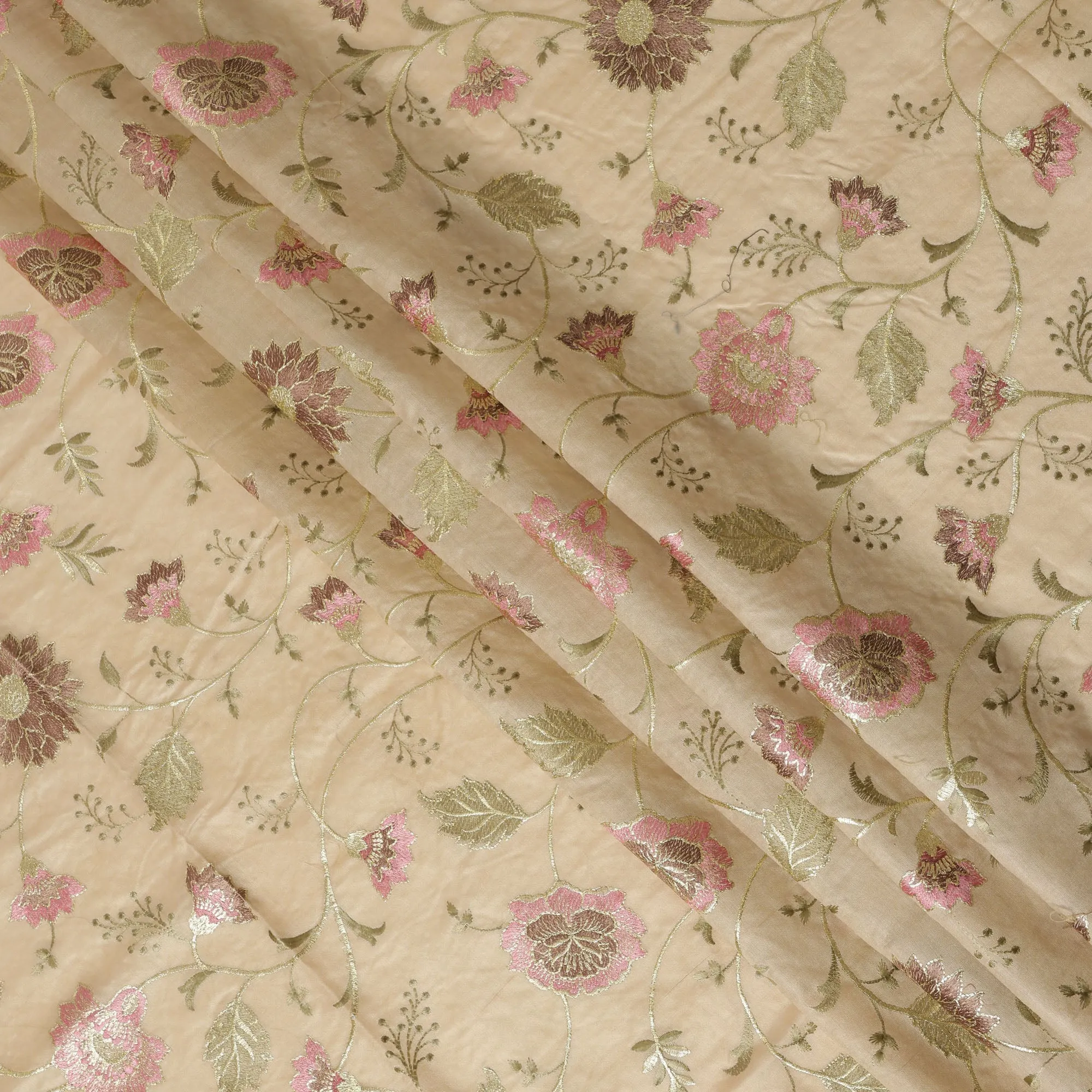 Brown Cotton Silk Fabric with Pink and Green Floral Embroidery, 110 cm Width-D20431