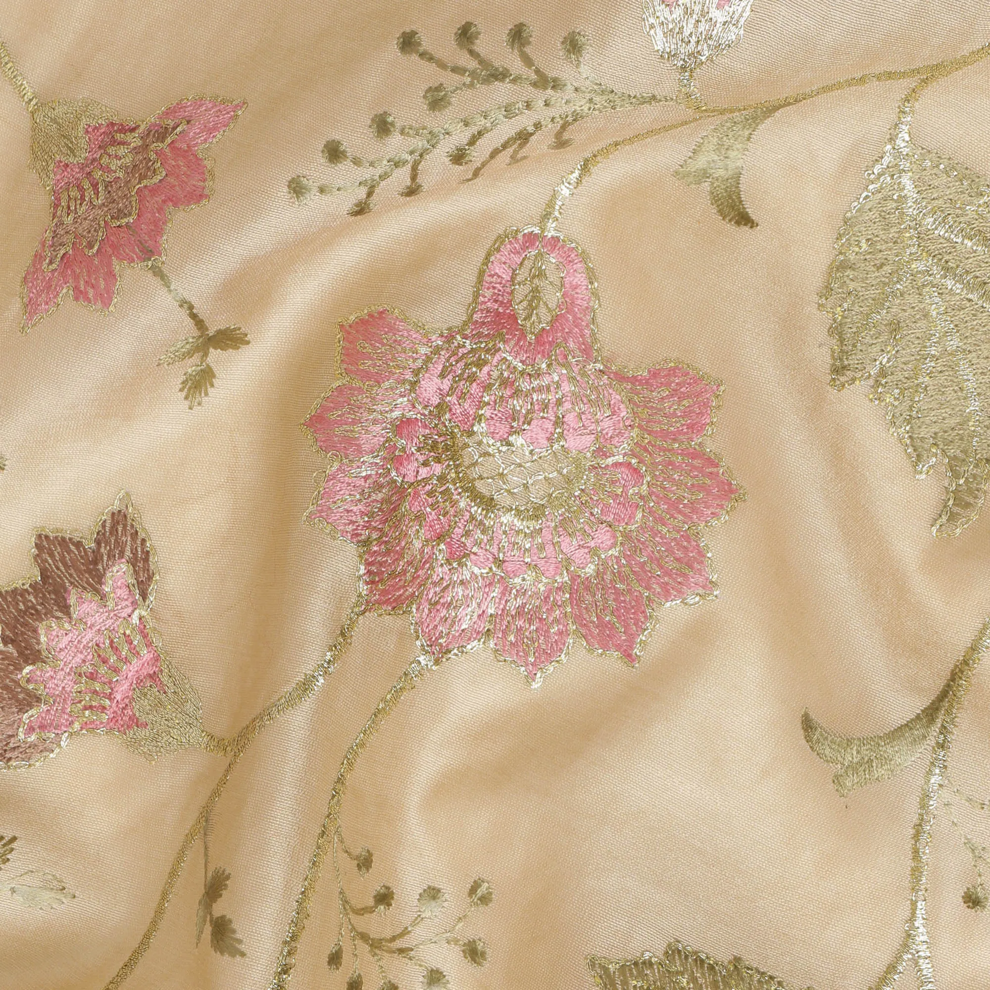 Brown Cotton Silk Fabric with Pink and Green Floral Embroidery, 110 cm Width-D20431