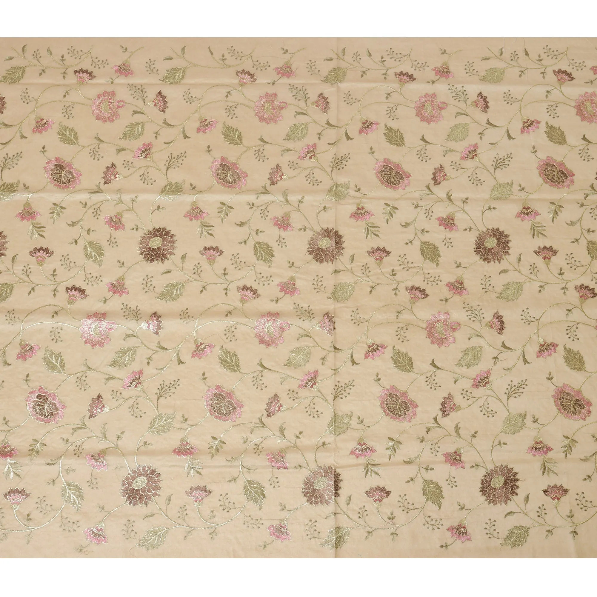 Brown Cotton Silk Fabric with Pink and Green Floral Embroidery, 110 cm Width-D20431