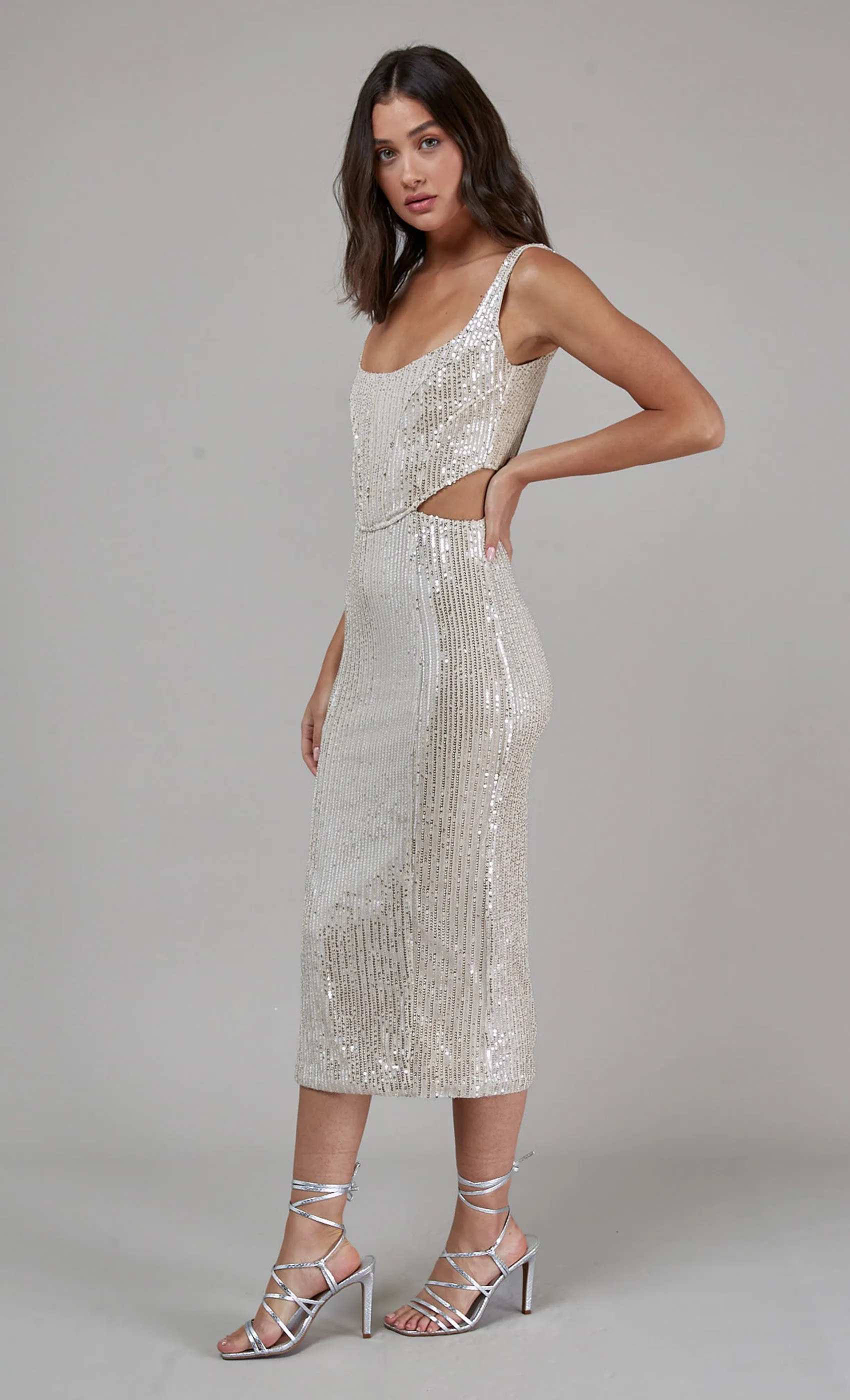 Champagne Sequin Cutout Midi Dress