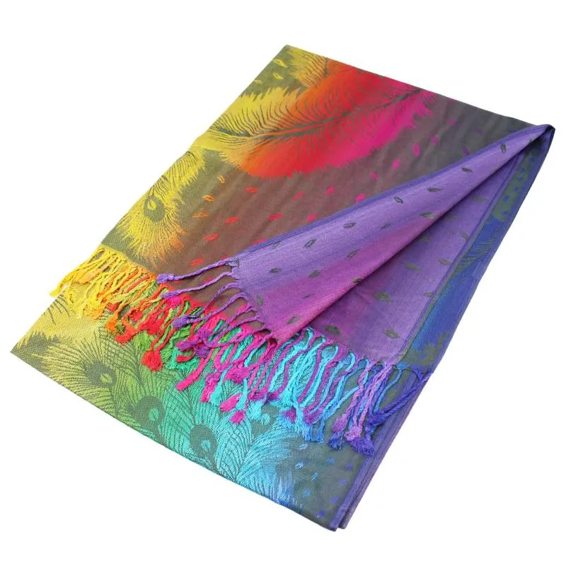 Colorful Peacock Feathers Pashmina Scarf Shawls 050