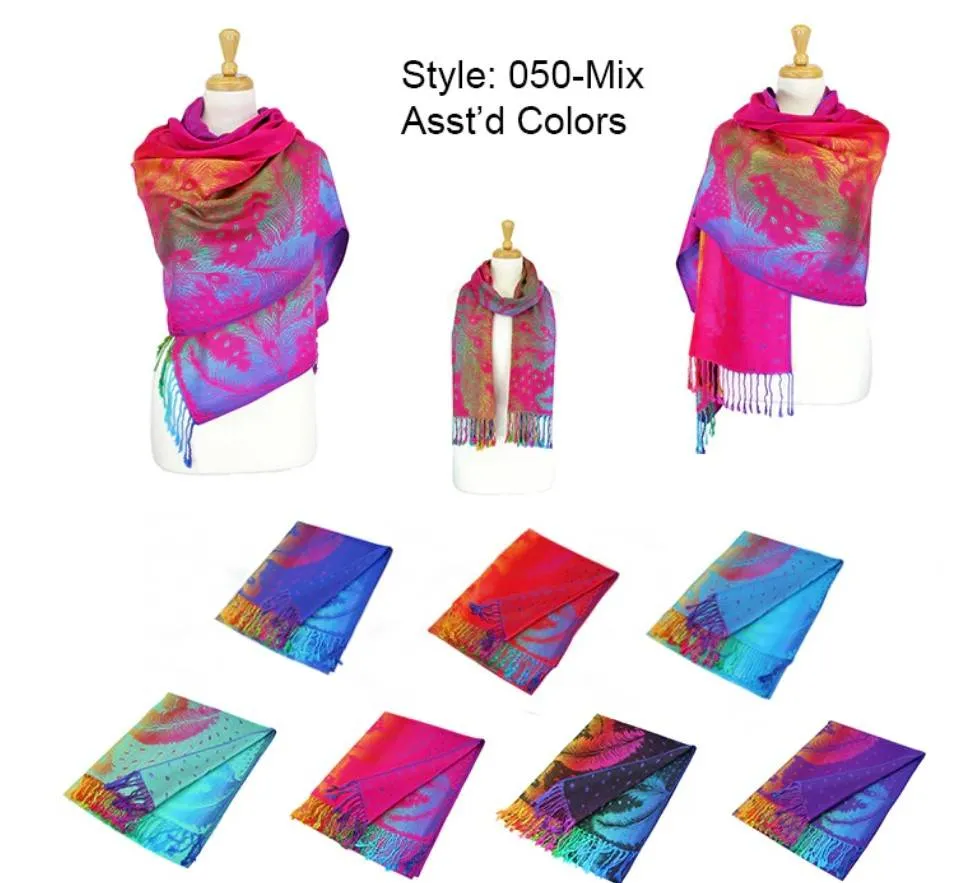 Colorful Peacock Feathers Pashmina Scarf Shawls 050