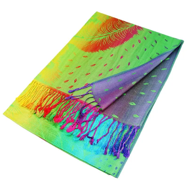 Colorful Peacock Feathers Pashmina Scarf Shawls 050