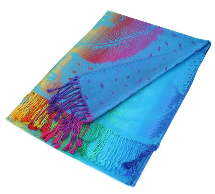 Colorful Peacock Feathers Pashmina Scarf Shawls 050