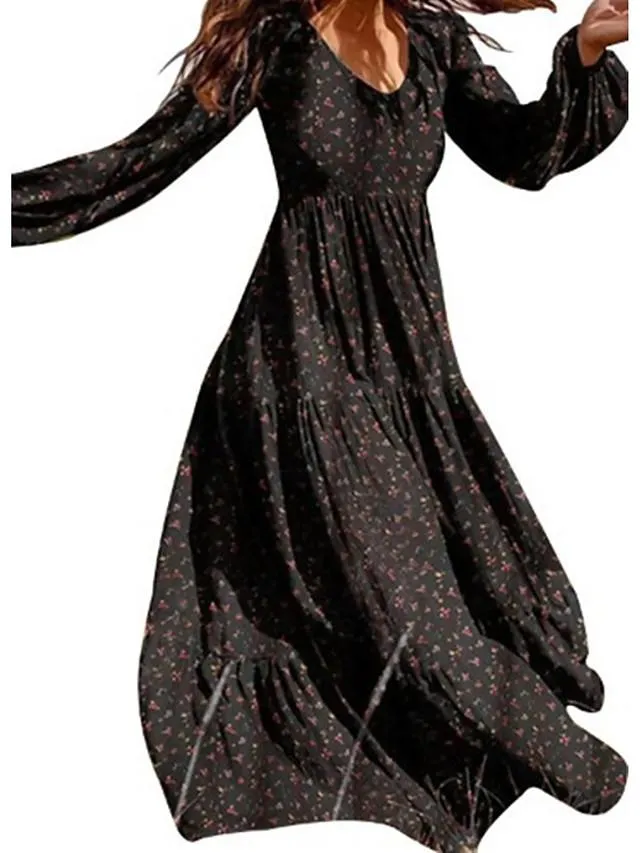 Dunnmall Women's Swing Dress Maxi long Dress Long Sleeve Floral Patchwork Print Fall Spring Casual Black Green Beige S M L XL XXL 3XL