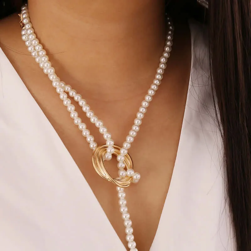 Europe and the United States cross-border jewelry geometric metal pearl necklace women's personal fashion wild lock bone chain sweater chain N711
