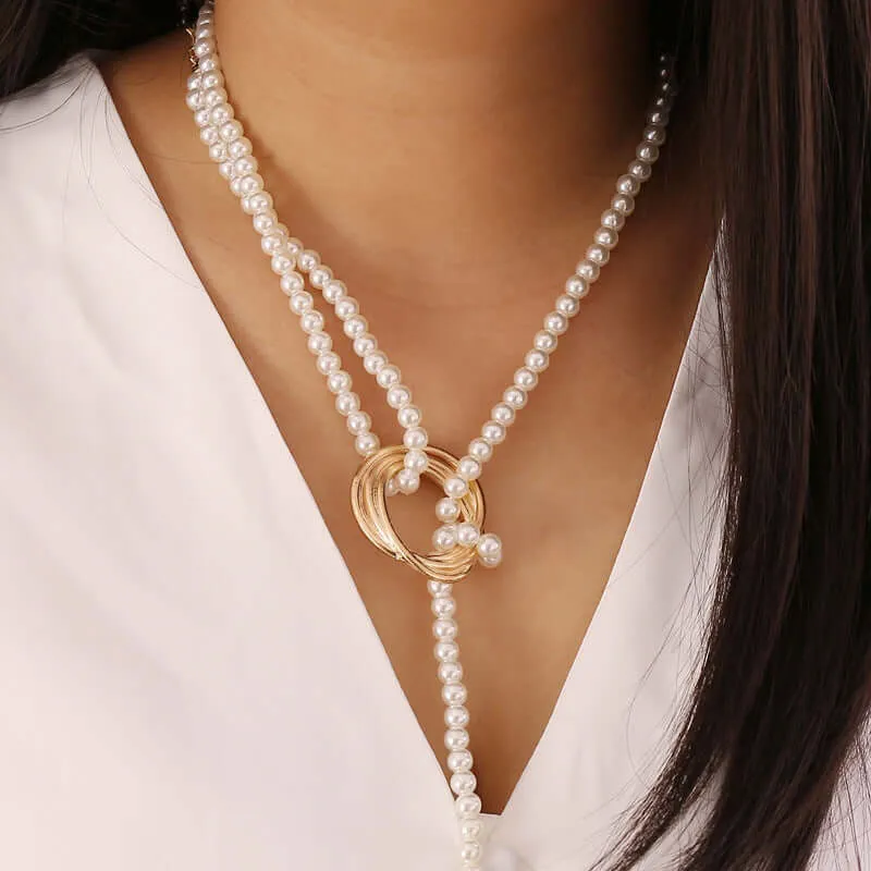 Europe and the United States cross-border jewelry geometric metal pearl necklace women's personal fashion wild lock bone chain sweater chain N711