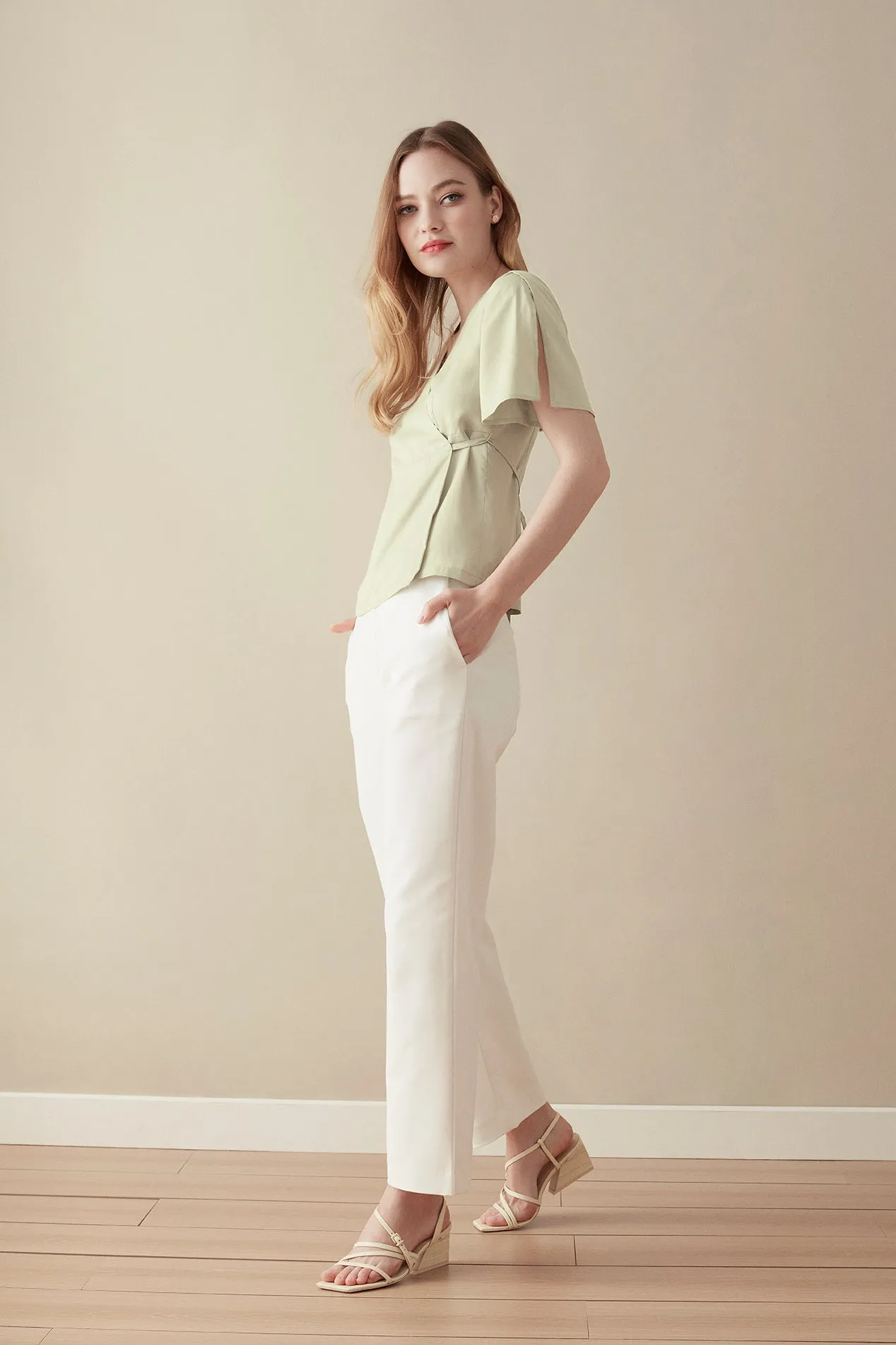 Flutter-sleeve Wrap Blouse - Lemon Mint