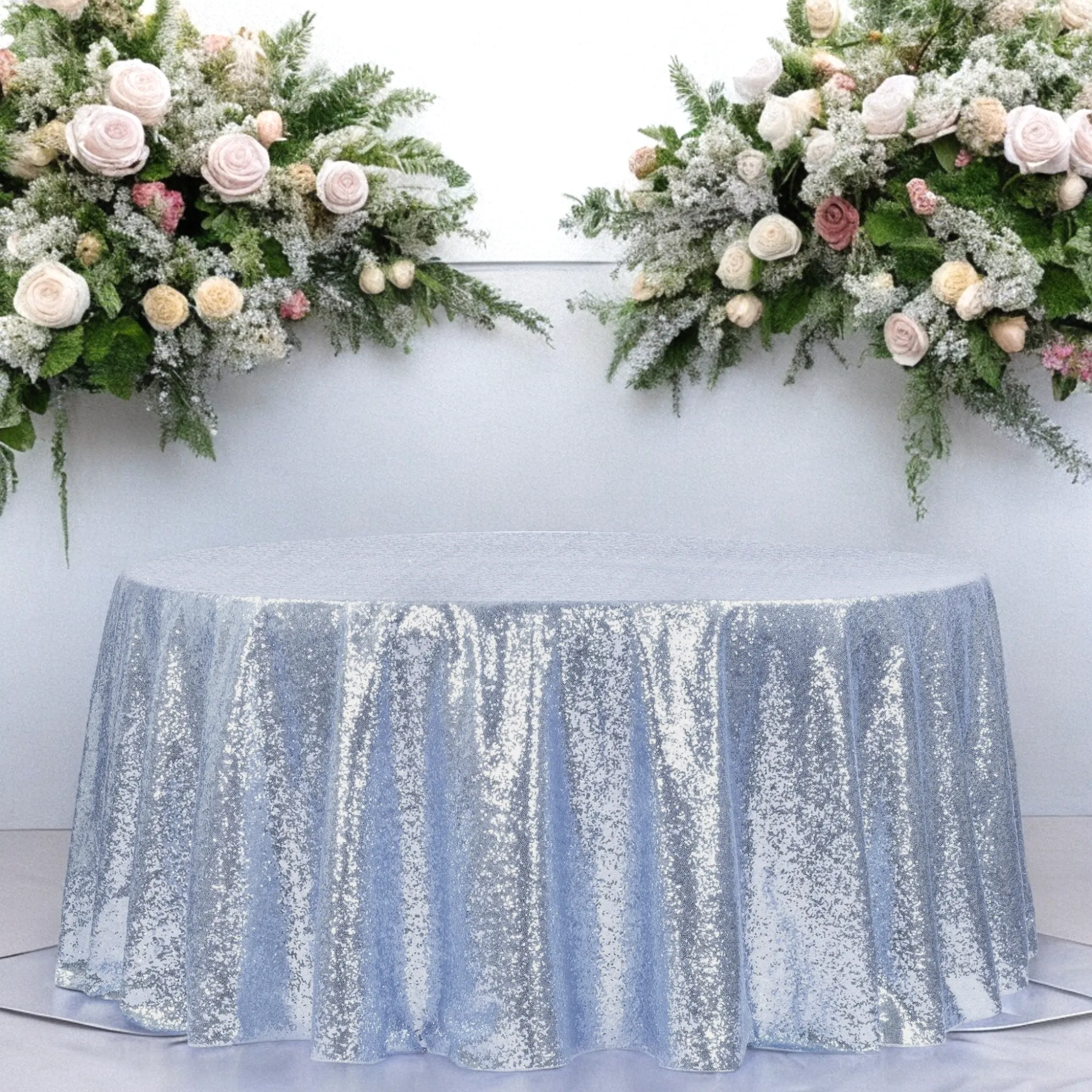 Glitz Sequins 120" Round Tablecloth - Dusty Blue