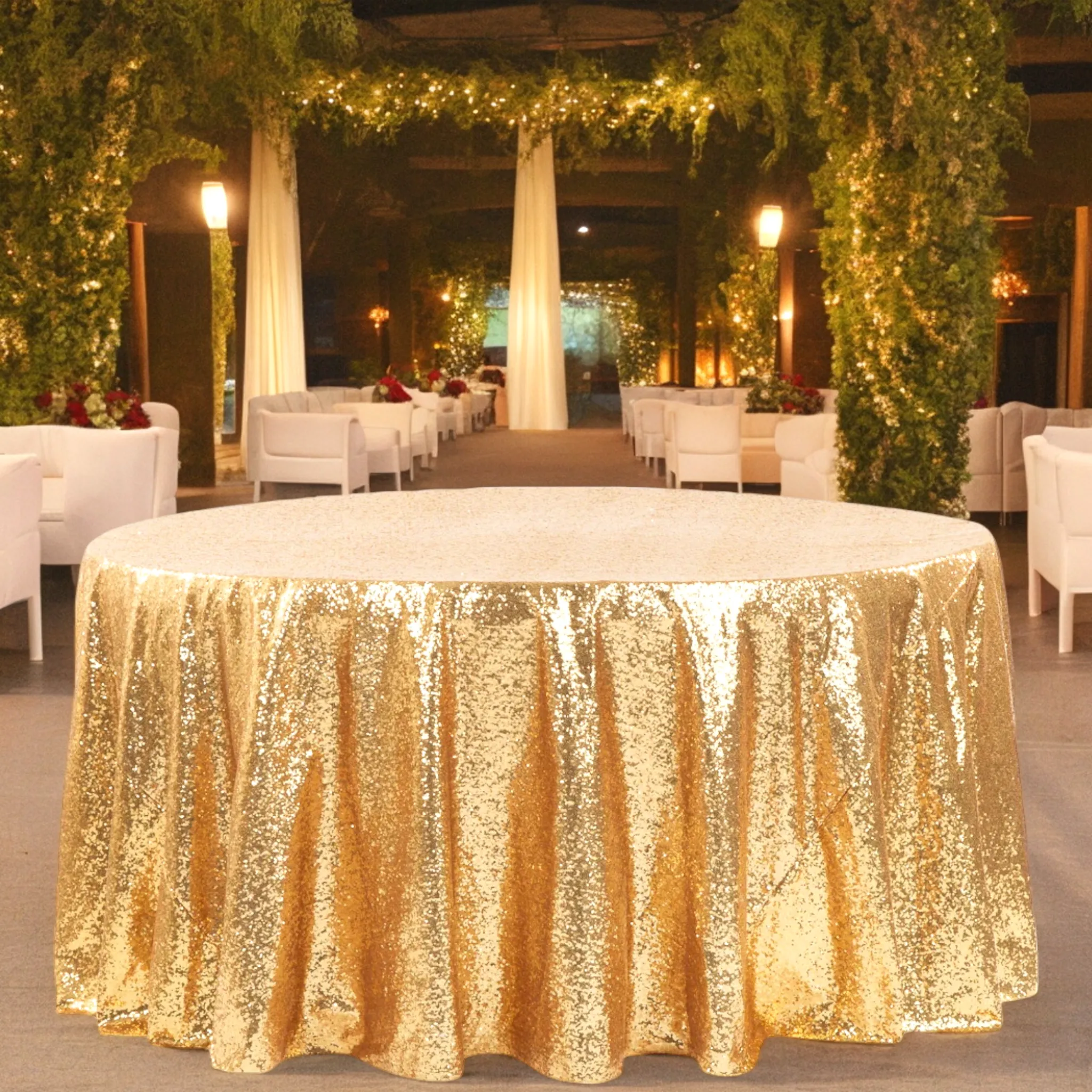 Glitz Sequins 120" Round Tablecloth - Gold