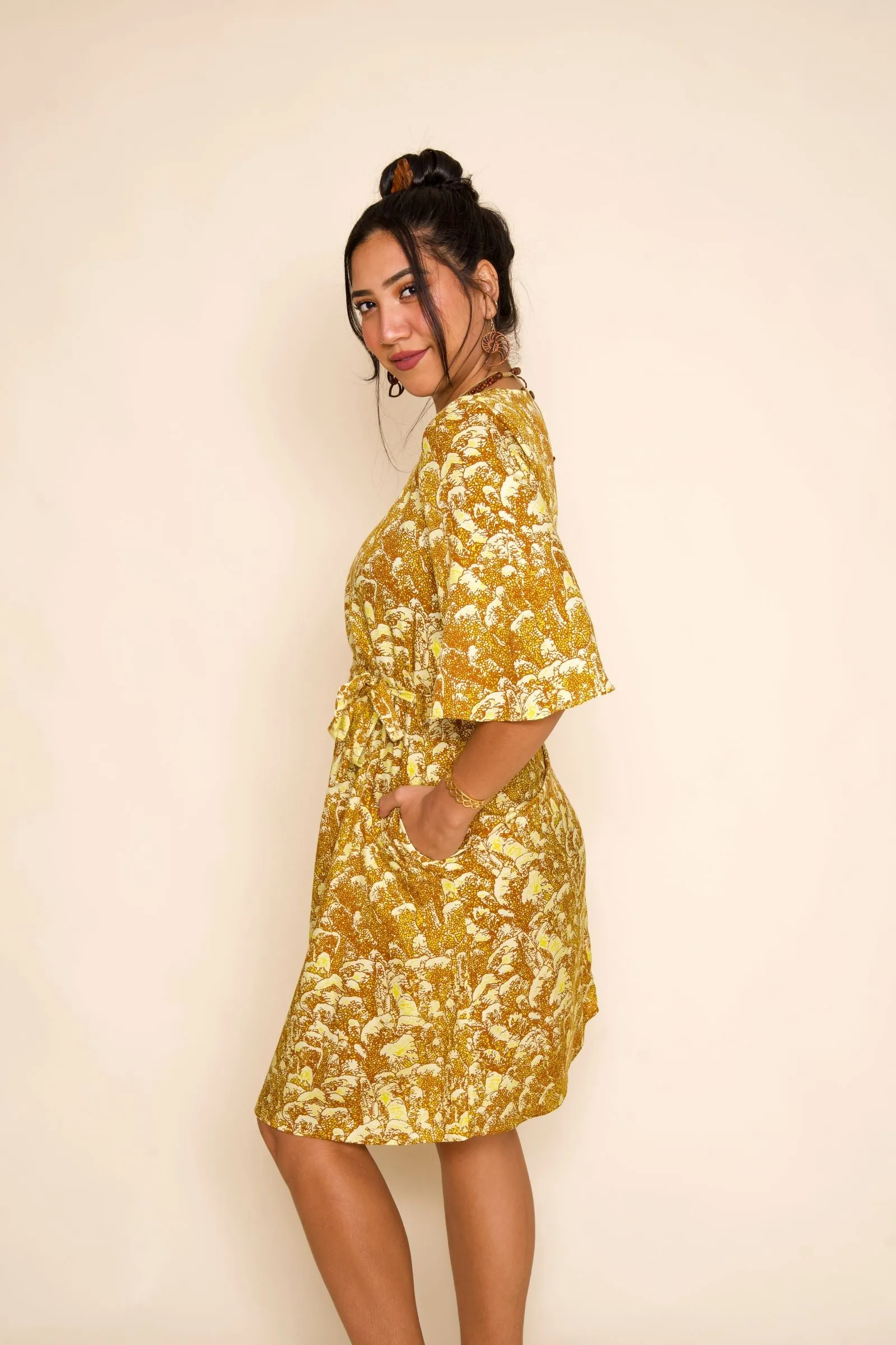 Golden Coral Bell Sleeve Dress