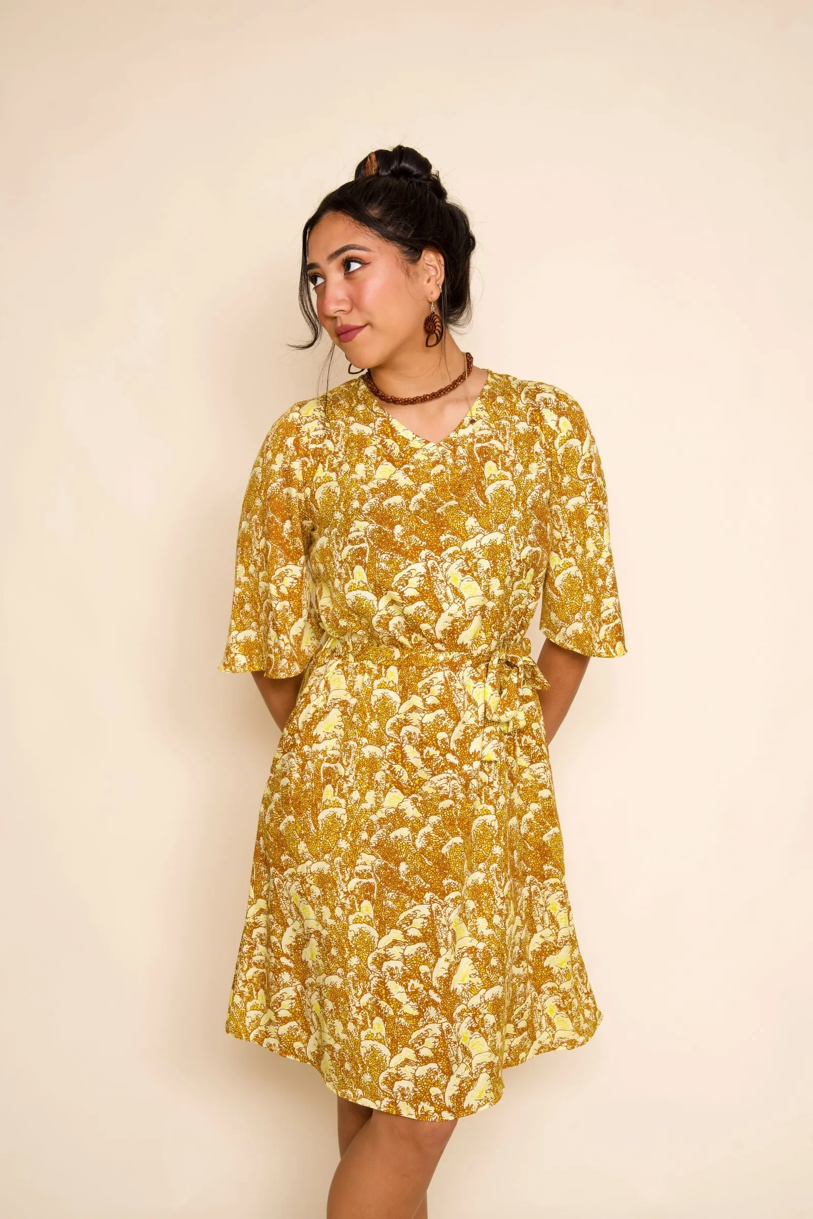 Golden Coral Bell Sleeve Dress