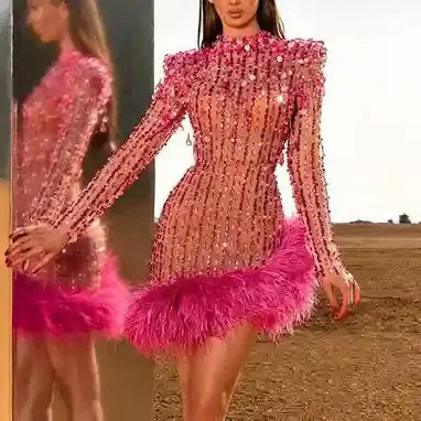 Keyla Sheer Feather Long Sleeve Mini Dress
