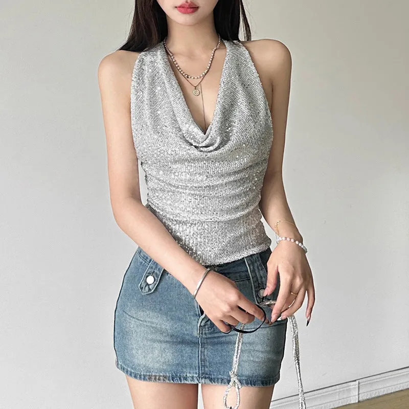 Lanfubeisi frat outfits 2024 Style Summer New Women's Solid Color Slim Street Fashion V-neck Sleeveless Sequined Vest Female