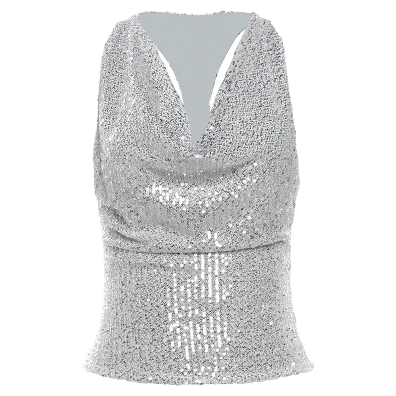 Lanfubeisi frat outfits 2024 Style Summer New Women's Solid Color Slim Street Fashion V-neck Sleeveless Sequined Vest Female
