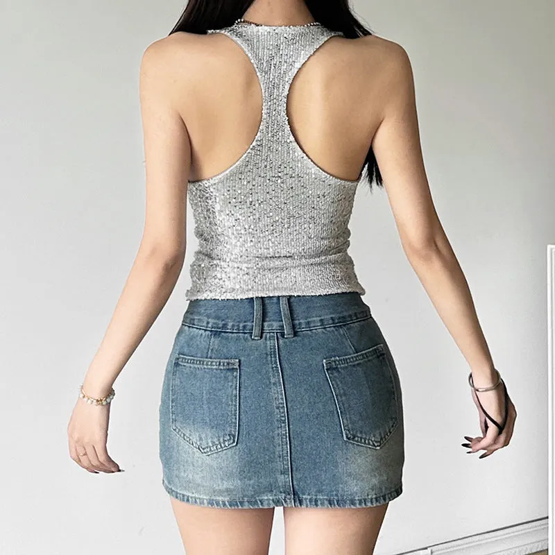 Lanfubeisi frat outfits 2024 Style Summer New Women's Solid Color Slim Street Fashion V-neck Sleeveless Sequined Vest Female