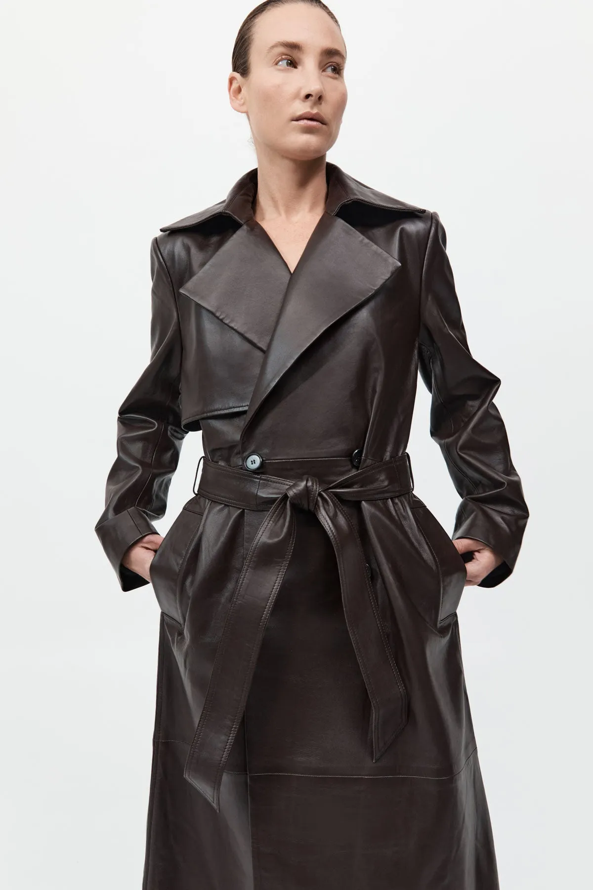 Leather Trench Coat - Chocolate