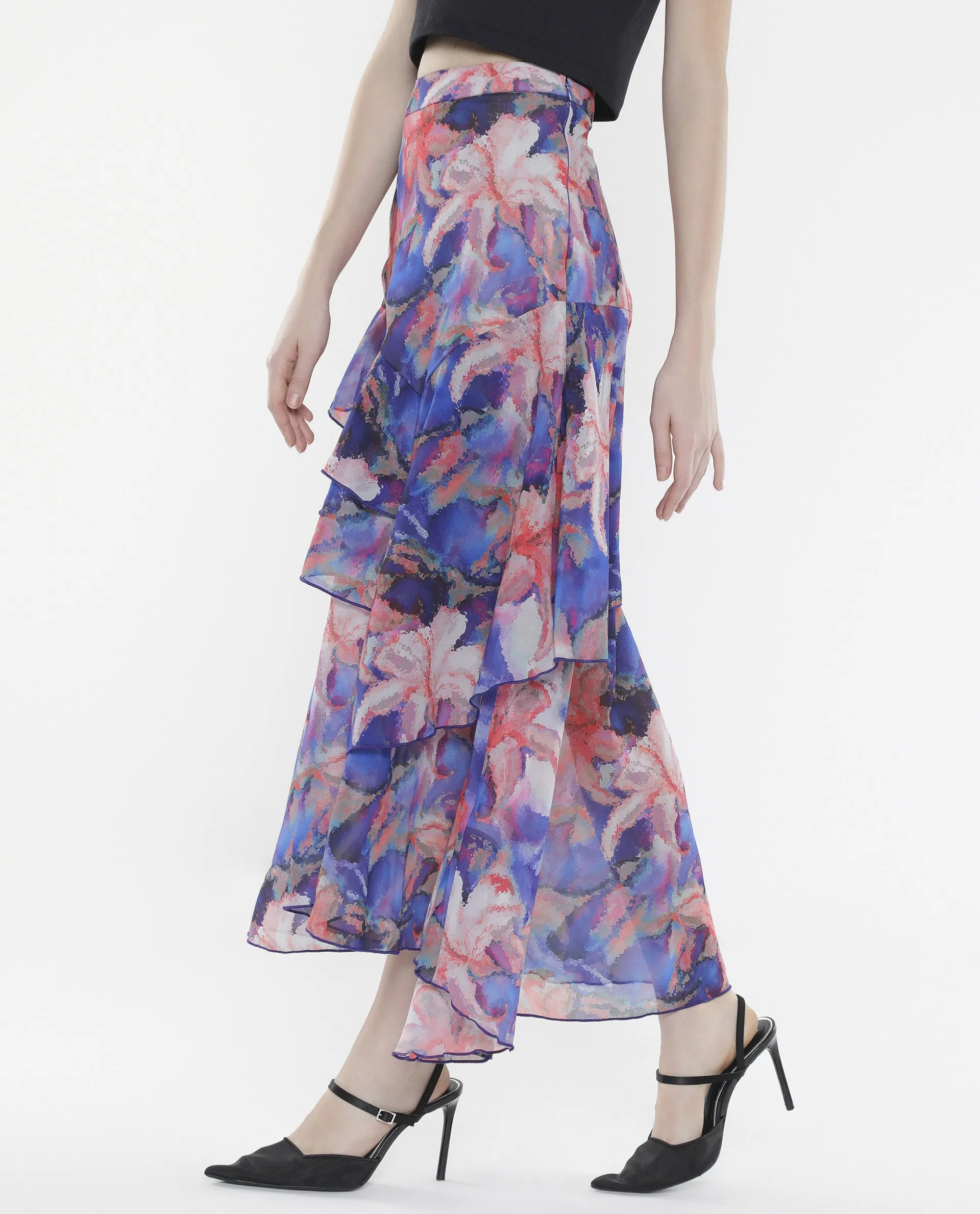 Rareism Women Nitane Purple Zipper Closure Flared Maxi Floral Print Skirt