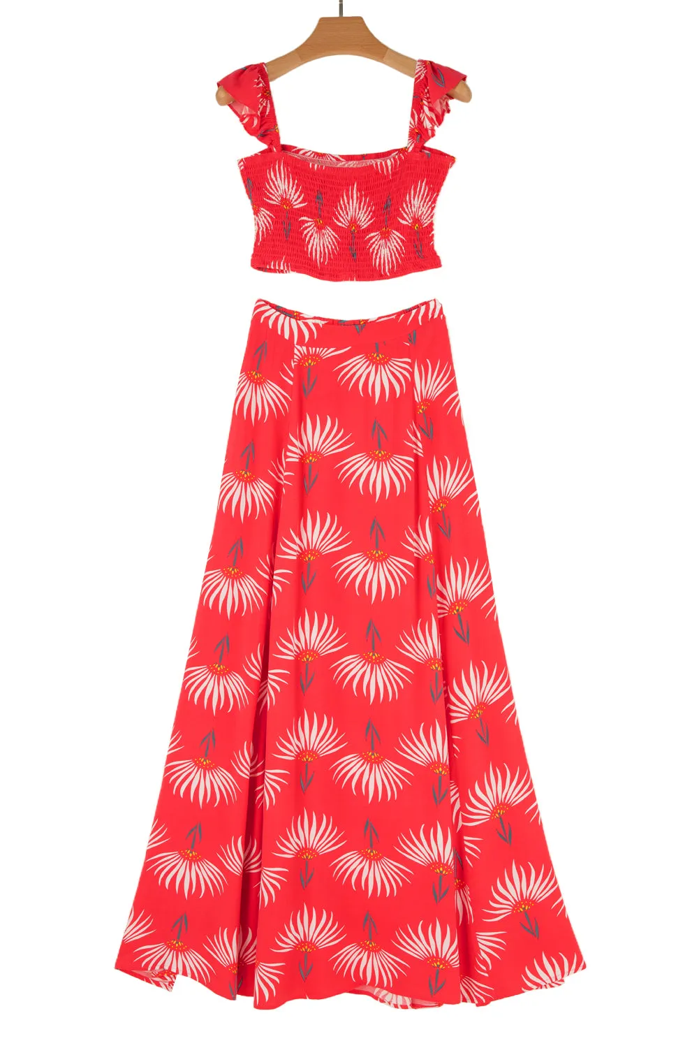 Red Floral Shirred Off Shoulder Crop Top and Slit Maxi Skirt Set