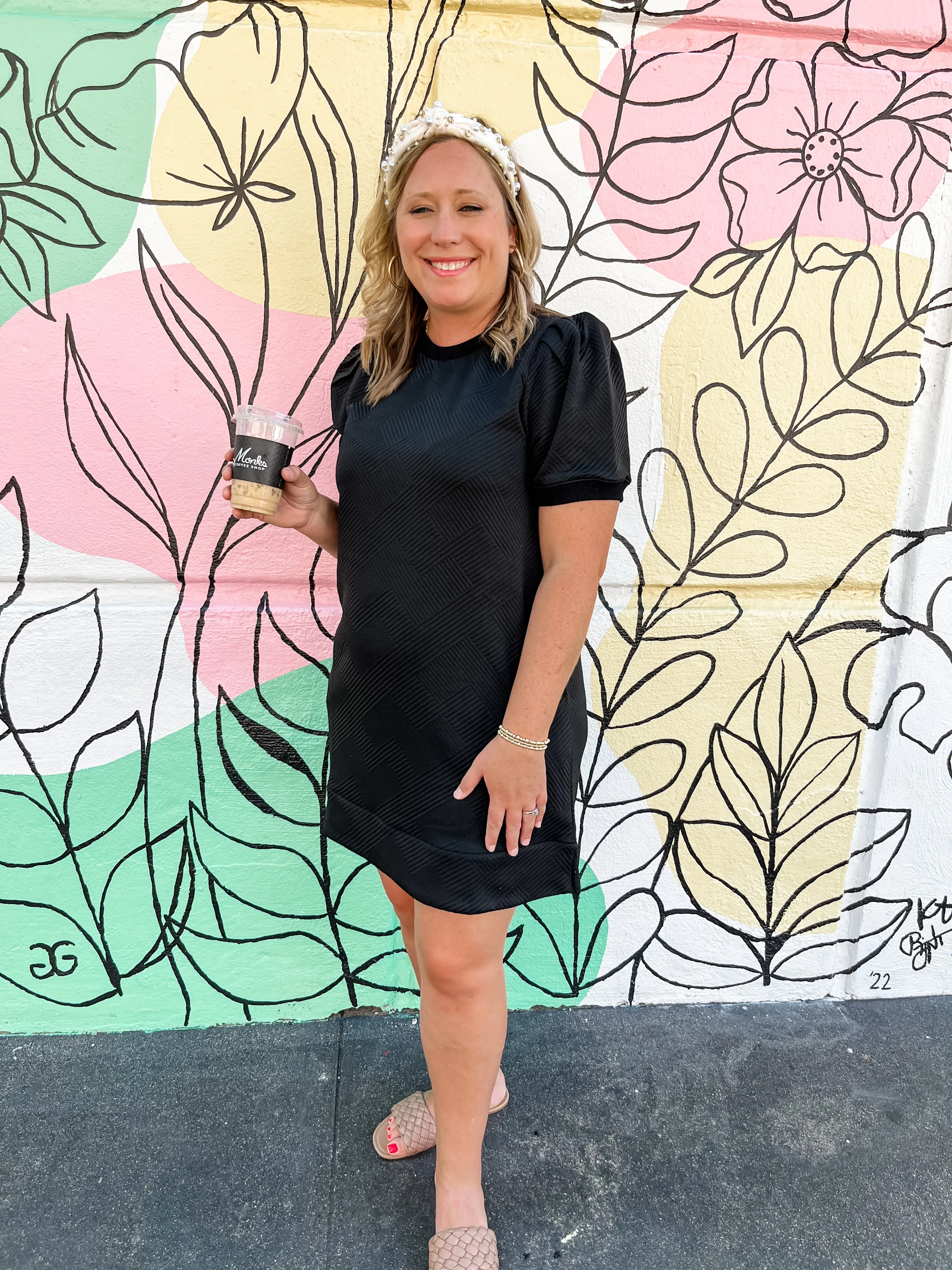 Solid Textured Dress with Pockets- Black