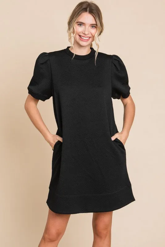 Solid Textured Dress with Pockets- Black