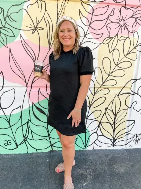 Solid Textured Dress with Pockets- Black