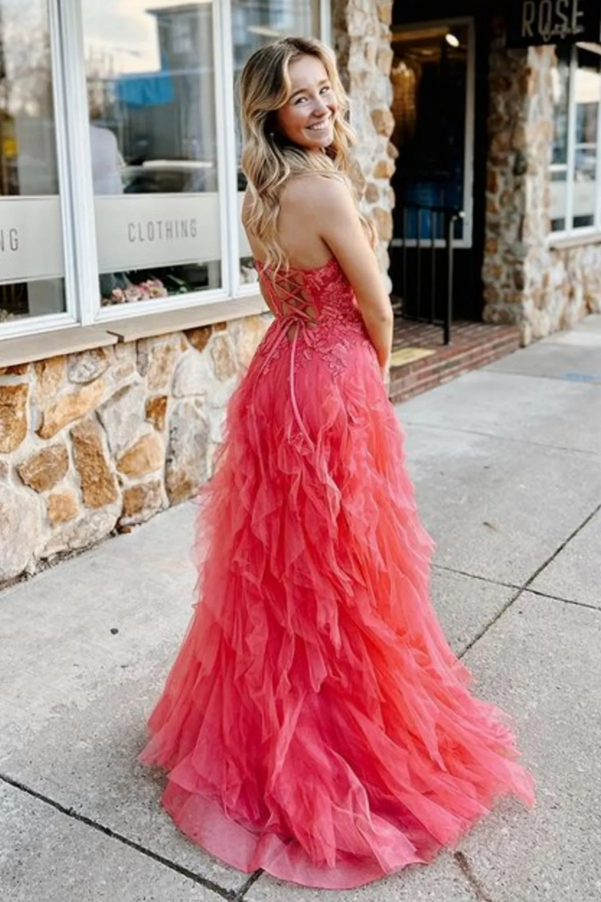 Strapless Coral Lace Long Prom Dress, Coral Lace Formal Dress, Long Coral Evening Dress WT2148