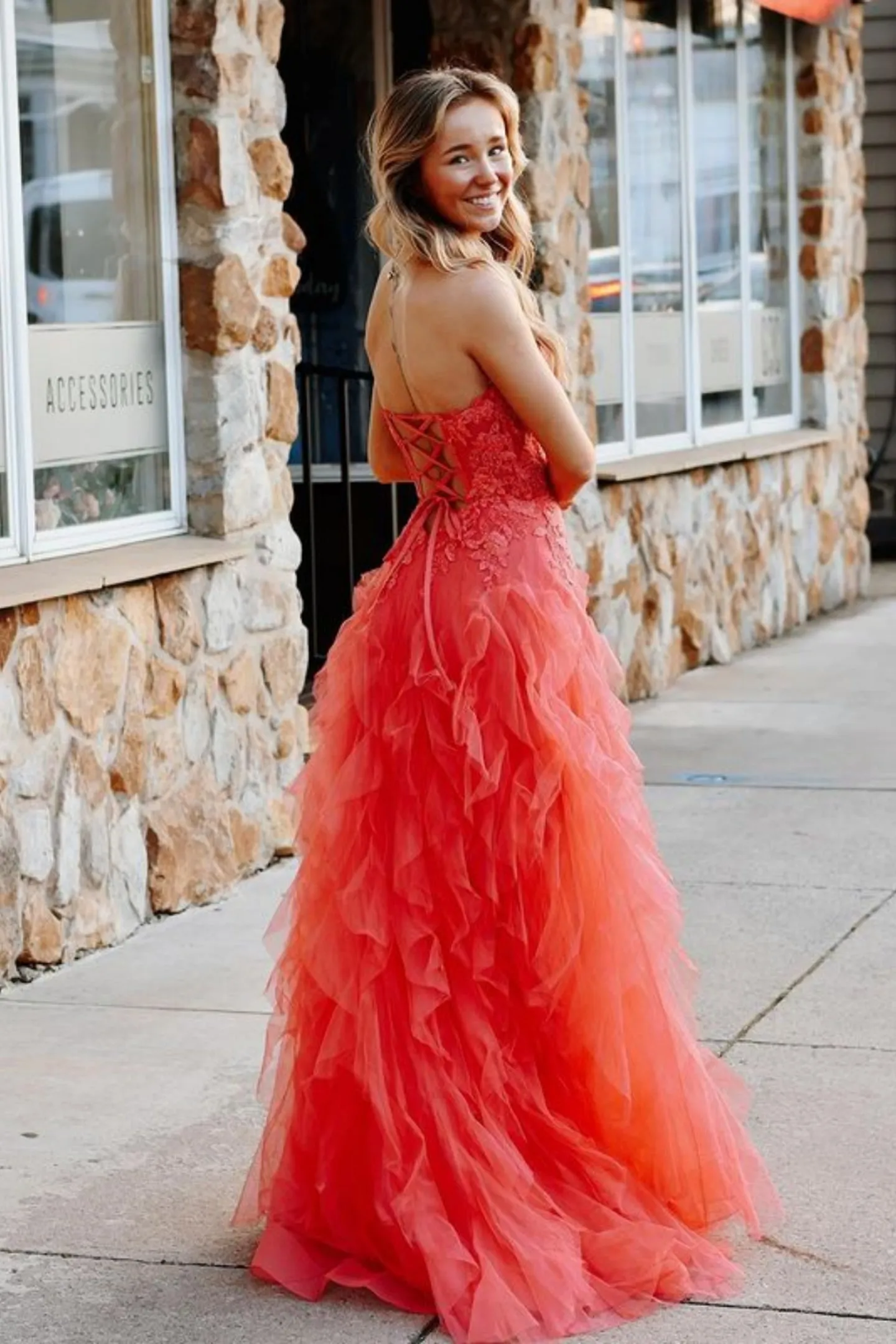 Strapless Coral Lace Long Prom Dress, Coral Lace Formal Dress, Long Coral Evening Dress WT2148