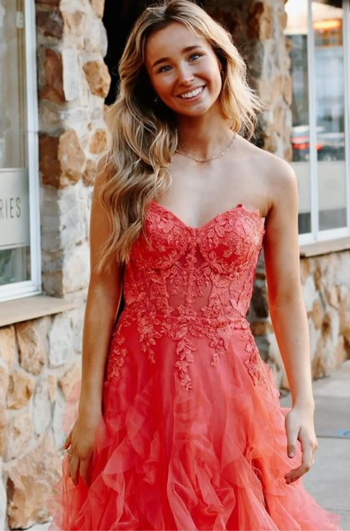 Strapless Coral Lace Long Prom Dress, Coral Lace Formal Dress, Long Coral Evening Dress WT2148