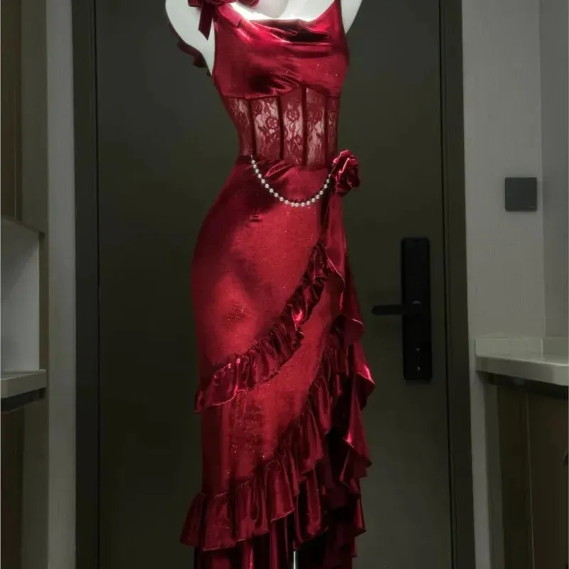 TAVIMART  -  Vintage elegant red strap slim-fit fish tail dress with hip wrap
