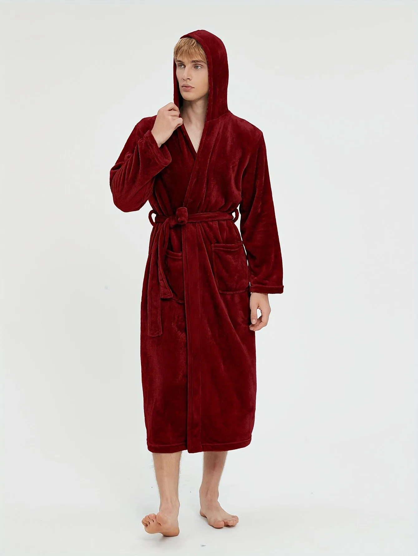 Ultra-Soft Men's Fleece Robe - Comfy Hooded Pajamas with Pocket, Hair Dry Hat, and Kimono Design for Cozy Nightwear After Bath or Lounging at Home