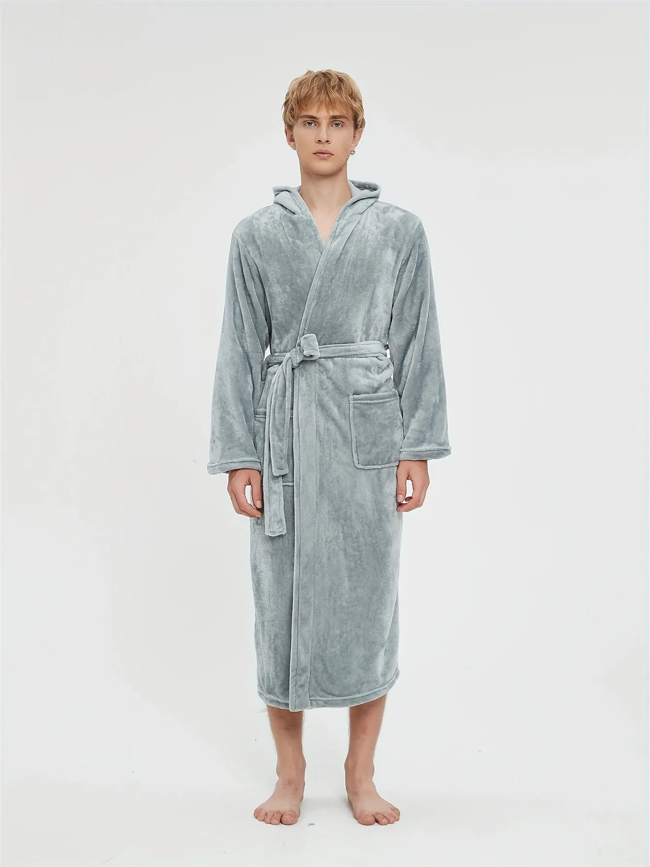 Ultra-Soft Men's Fleece Robe - Comfy Hooded Pajamas with Pocket, Hair Dry Hat, and Kimono Design for Cozy Nightwear After Bath or Lounging at Home