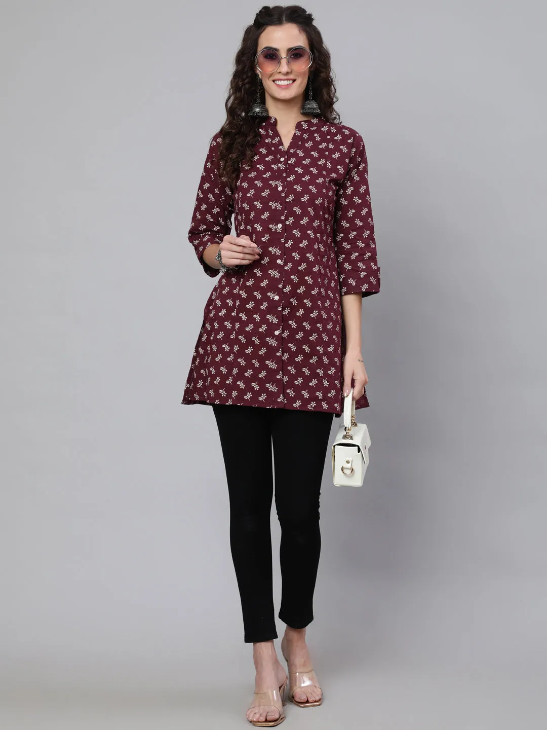 Women Burgundy Printed Straight Tunic With Three Quaretr Sleeves